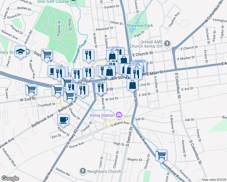 map of restaurants, bars, coffee shops, grocery stores, and more near 51 South Galloway Street in Xenia