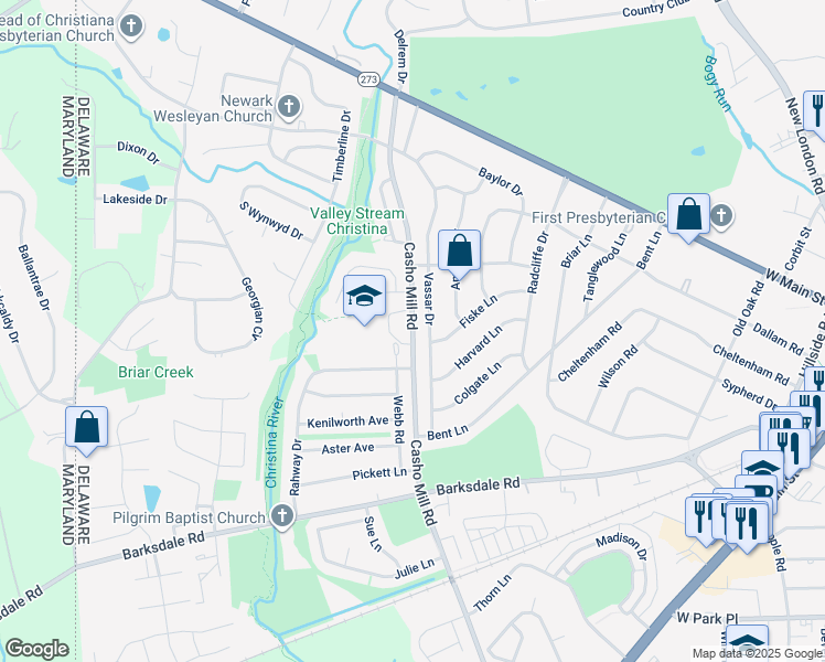 map of restaurants, bars, coffee shops, grocery stores, and more near 200 Casho Mill Road in Newark