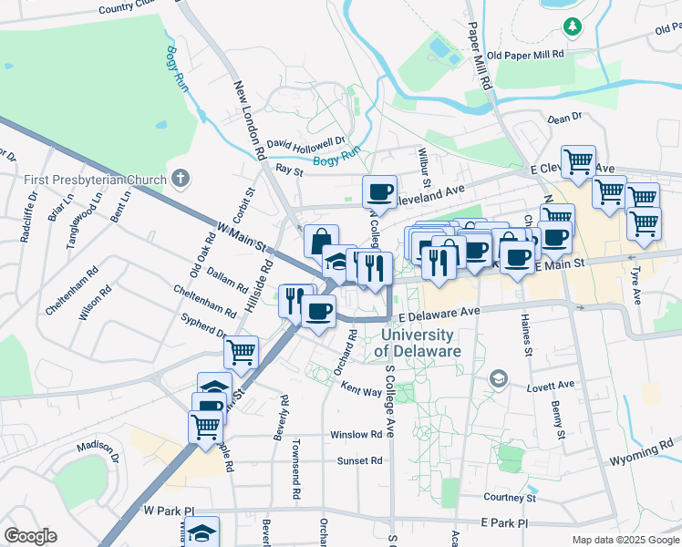map of restaurants, bars, coffee shops, grocery stores, and more near 108 West Main Street in Newark