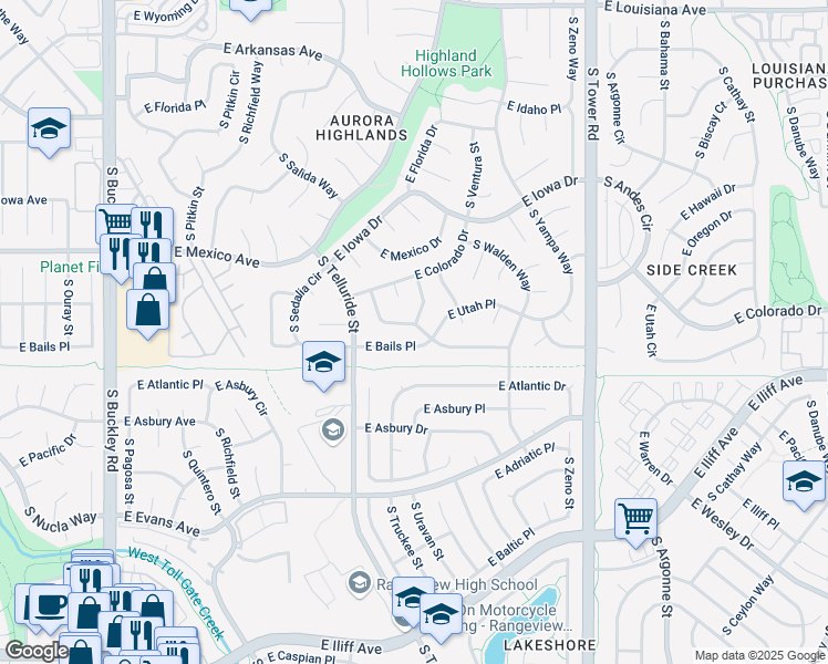 map of restaurants, bars, coffee shops, grocery stores, and more near 1871 South Truckee Way in Aurora