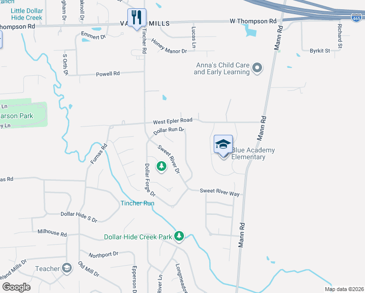 map of restaurants, bars, coffee shops, grocery stores, and more near 5523 Dollar Run Lane in Indianapolis