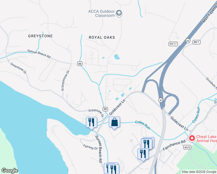 map of restaurants, bars, coffee shops, grocery stores, and more near 356 Sunset Beach Road in Morgantown