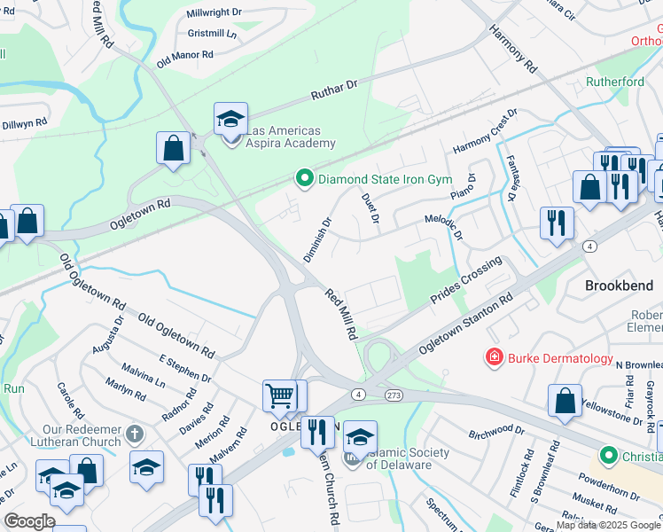 map of restaurants, bars, coffee shops, grocery stores, and more near 11 Acapella Court in Newark