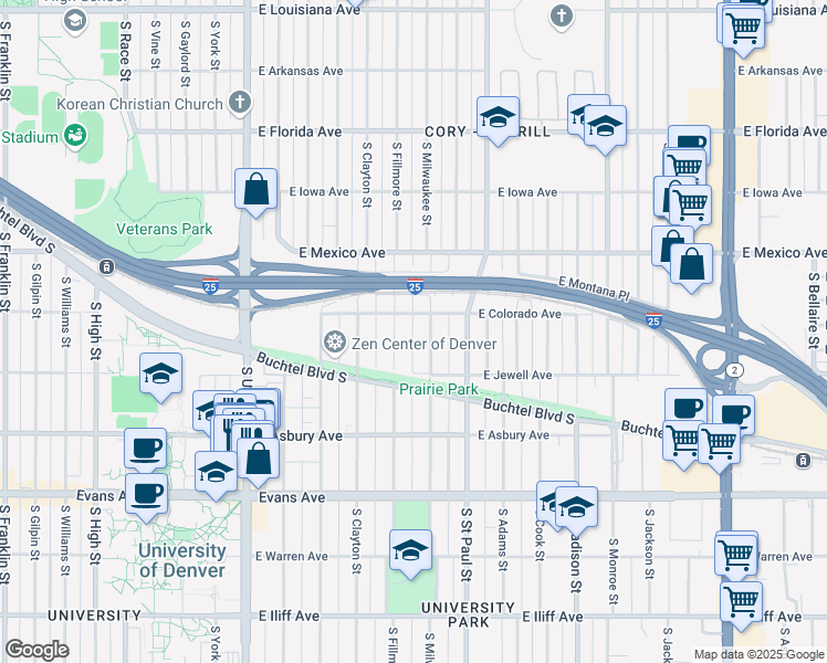 map of restaurants, bars, coffee shops, grocery stores, and more near 2901 East Colorado Avenue in Denver