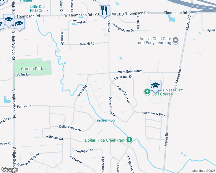 map of restaurants, bars, coffee shops, grocery stores, and more near 5554 Dollar Forge Drive in Indianapolis