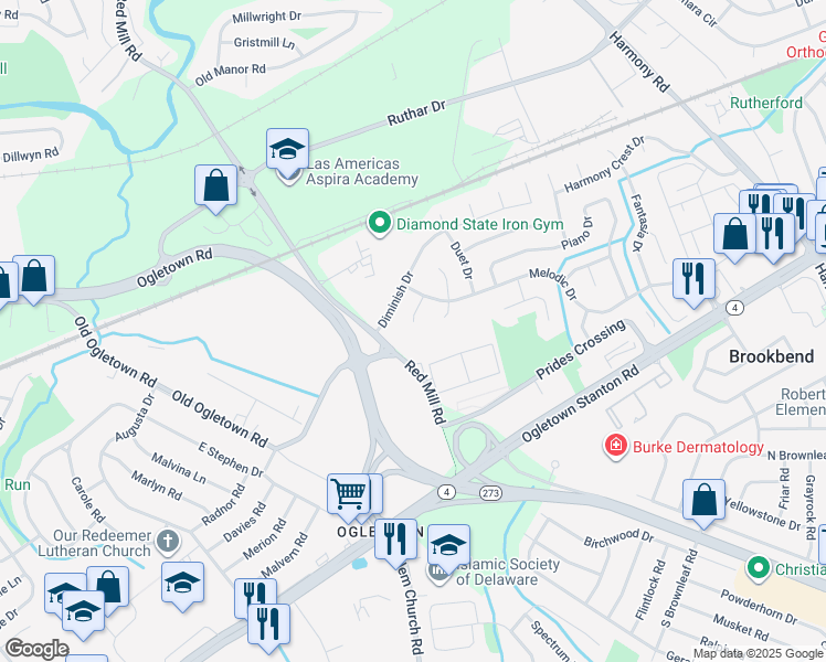 map of restaurants, bars, coffee shops, grocery stores, and more near 6 Acapella Court in Newark