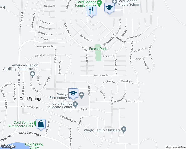 map of restaurants, bars, coffee shops, grocery stores, and more near 17457 Bear Lake Drive in Reno