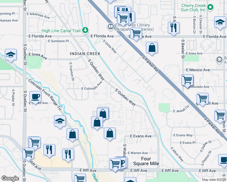 map of restaurants, bars, coffee shops, grocery stores, and more near 1885 South Quebec Way in Denver