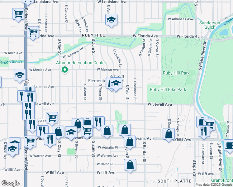 map of restaurants, bars, coffee shops, grocery stores, and more near 1820 South Vallejo Street in Denver