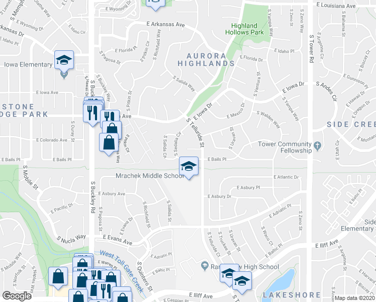 map of restaurants, bars, coffee shops, grocery stores, and more near 1813 South Telluride Street in Aurora