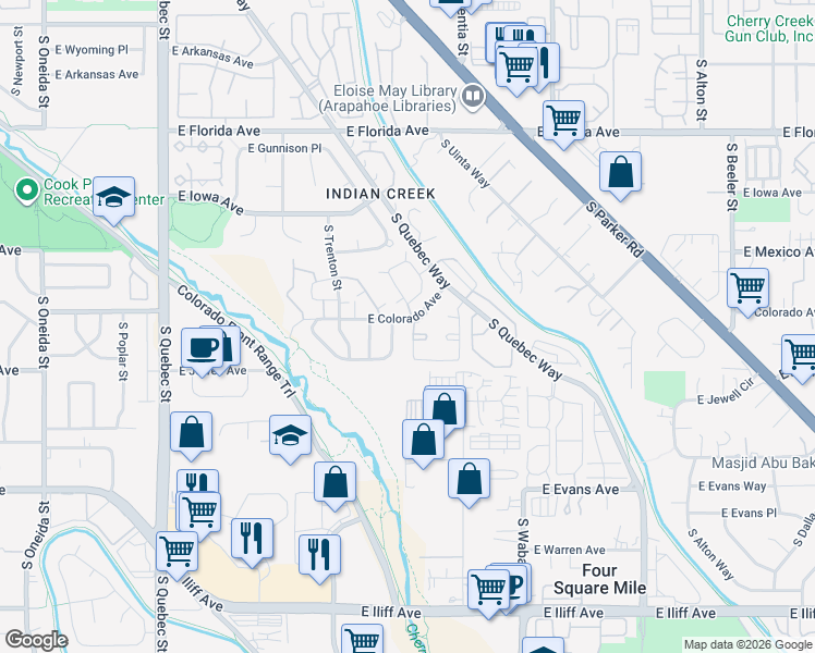 map of restaurants, bars, coffee shops, grocery stores, and more near 8131 East Colorado Avenue in Denver