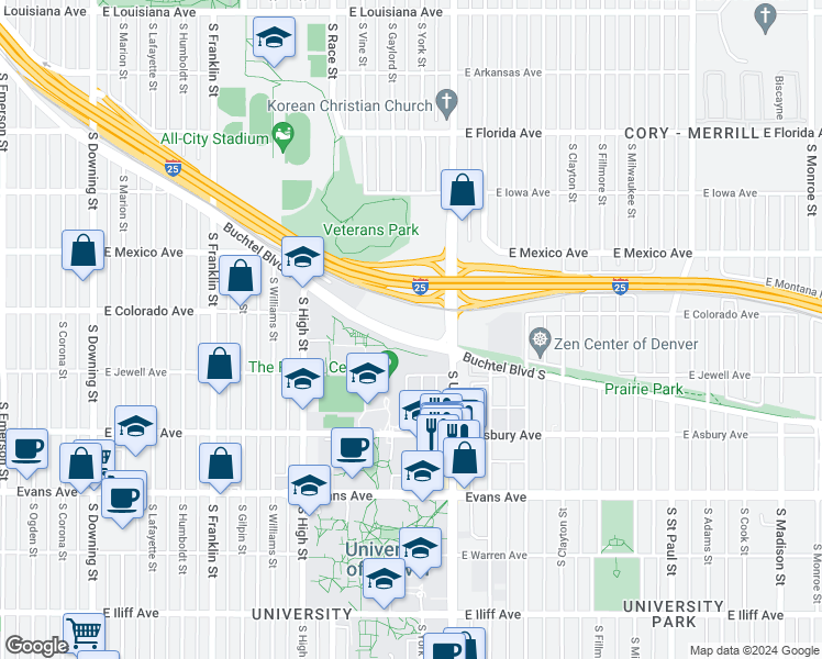 map of restaurants, bars, coffee shops, grocery stores, and more near 2225 Buchtel Boulevard South in Denver