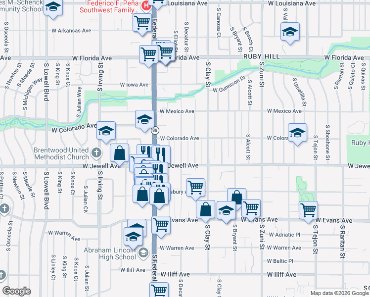 map of restaurants, bars, coffee shops, grocery stores, and more near 1802 South Decatur Street in Denver