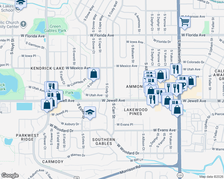 map of restaurants, bars, coffee shops, grocery stores, and more near 1818 South Cody Street in Lakewood