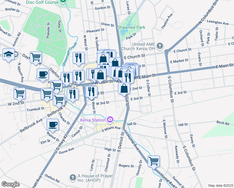 map of restaurants, bars, coffee shops, grocery stores, and more near 102 West 2nd Street in Xenia