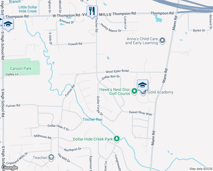 map of restaurants, bars, coffee shops, grocery stores, and more near 5377 Dollar Run Lane in Indianapolis