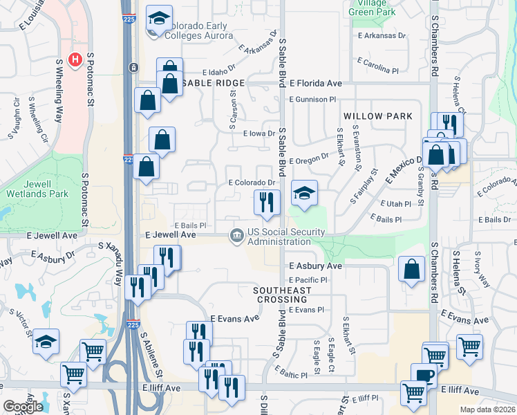 map of restaurants, bars, coffee shops, grocery stores, and more near 14152 East Colorado Drive in Aurora