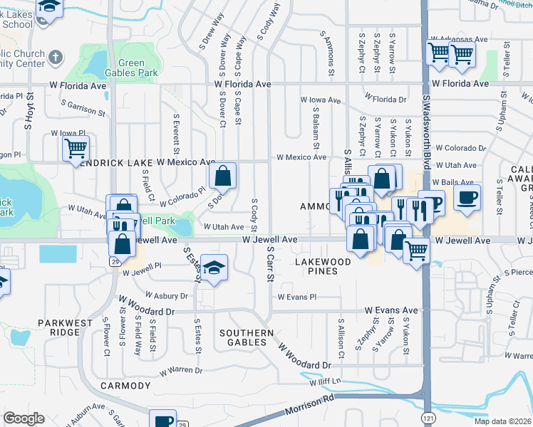 map of restaurants, bars, coffee shops, grocery stores, and more near 1818 South Cody Street in Lakewood