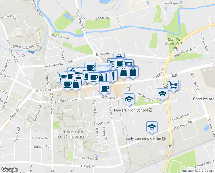 map of restaurants, bars, coffee shops, grocery stores, and more near 203 East Main Street in Newark
