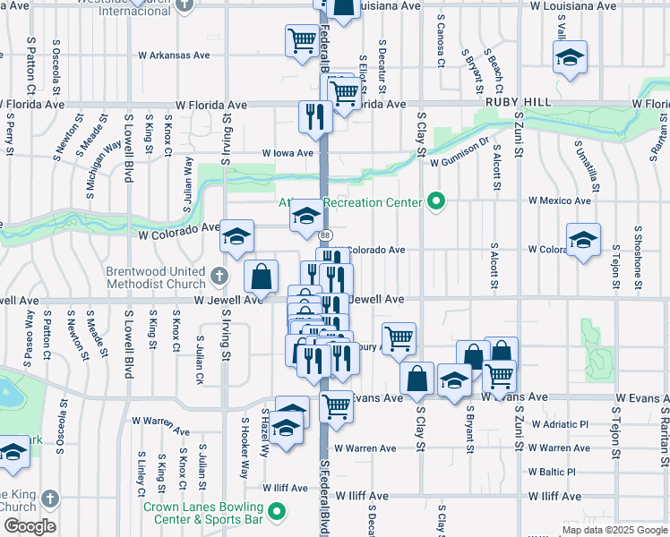 map of restaurants, bars, coffee shops, grocery stores, and more near West Colorado Avenue in Denver