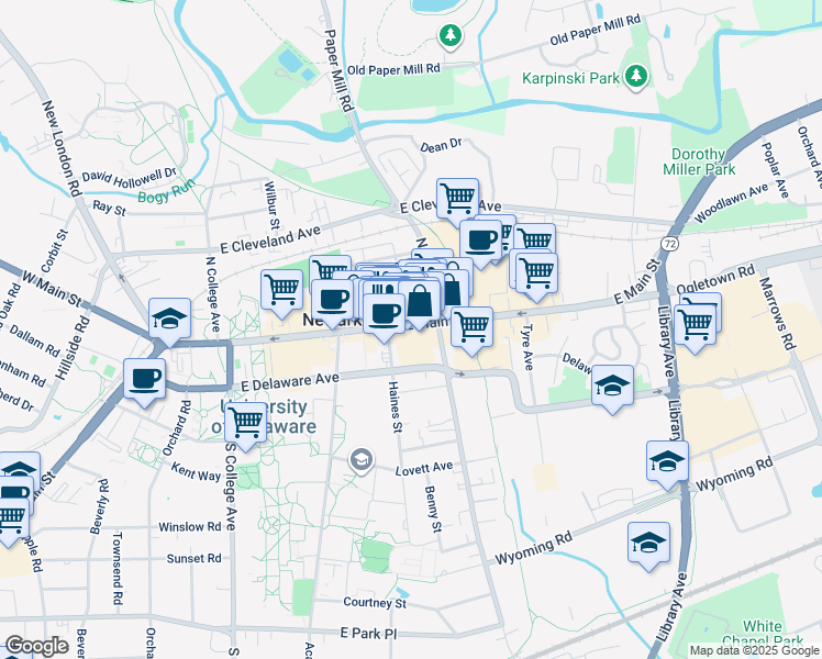 map of restaurants, bars, coffee shops, grocery stores, and more near 11 Choate Street in Newark