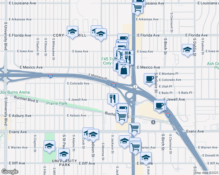 map of restaurants, bars, coffee shops, grocery stores, and more near 3702 East Colorado Avenue in Denver