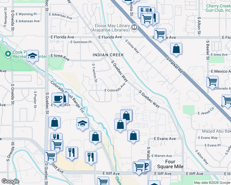 map of restaurants, bars, coffee shops, grocery stores, and more near 8131 East Colorado Avenue in Denver