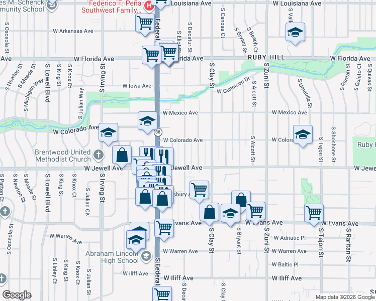 map of restaurants, bars, coffee shops, grocery stores, and more near 1802 South Decatur Street in Denver
