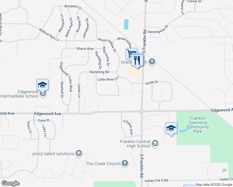 map of restaurants, bars, coffee shops, grocery stores, and more near 5838 Twin River Lane in Indianapolis