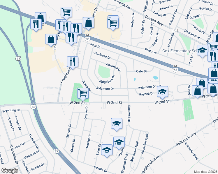 map of restaurants, bars, coffee shops, grocery stores, and more near 1670 Kylemore Drive in Xenia