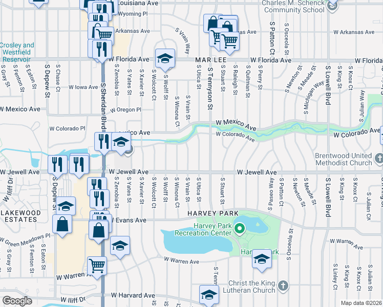 map of restaurants, bars, coffee shops, grocery stores, and more near 1840 South Vrain Street in Denver
