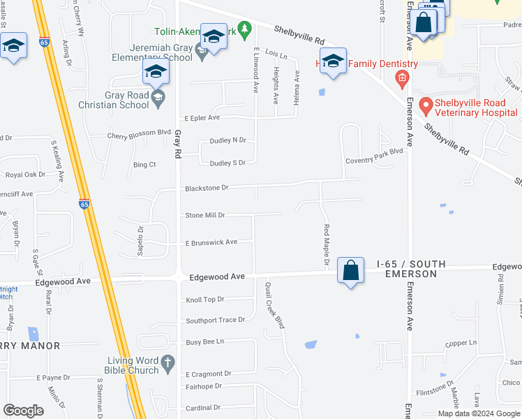 map of restaurants, bars, coffee shops, grocery stores, and more near 4510 Stone Mill Drive in Indianapolis