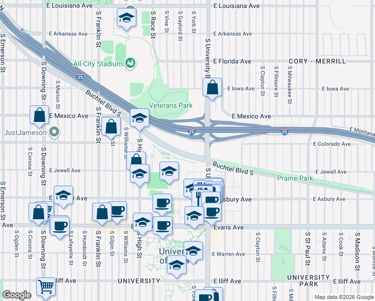 map of restaurants, bars, coffee shops, grocery stores, and more near 2225 Buchtel Boulevard South in Denver