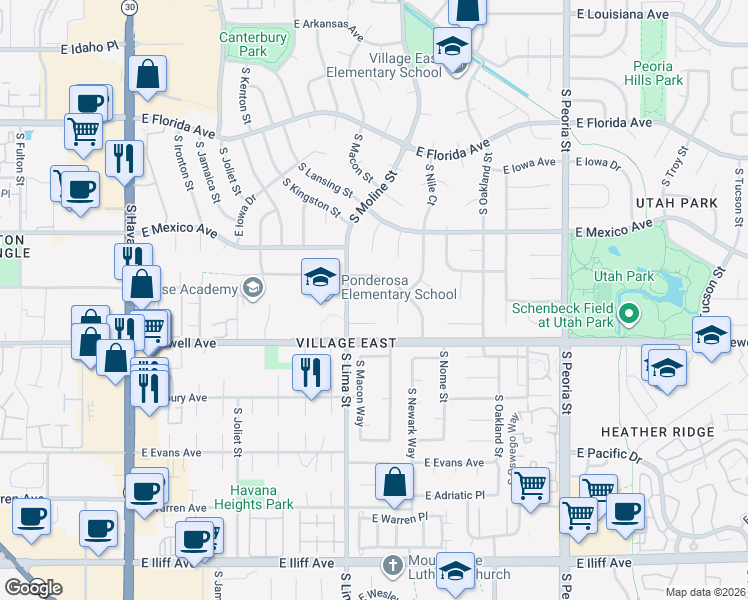 map of restaurants, bars, coffee shops, grocery stores, and more near East Utah Place in Aurora