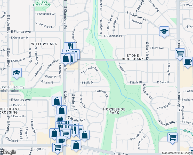 map of restaurants, bars, coffee shops, grocery stores, and more near 1822 South Joplin Street in Aurora