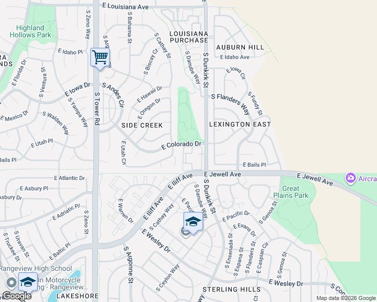 map of restaurants, bars, coffee shops, grocery stores, and more near 1881 South Dunkirk Street in Aurora