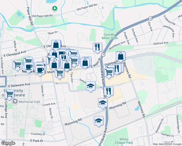 map of restaurants, bars, coffee shops, grocery stores, and more near 8 Thompson Circle in Newark