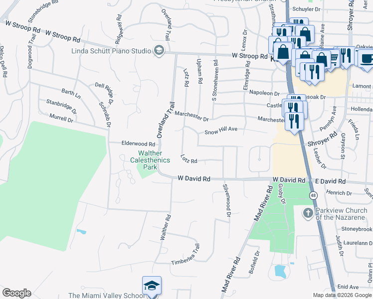 map of restaurants, bars, coffee shops, grocery stores, and more near 4411 Shadycrest Drive in Kettering