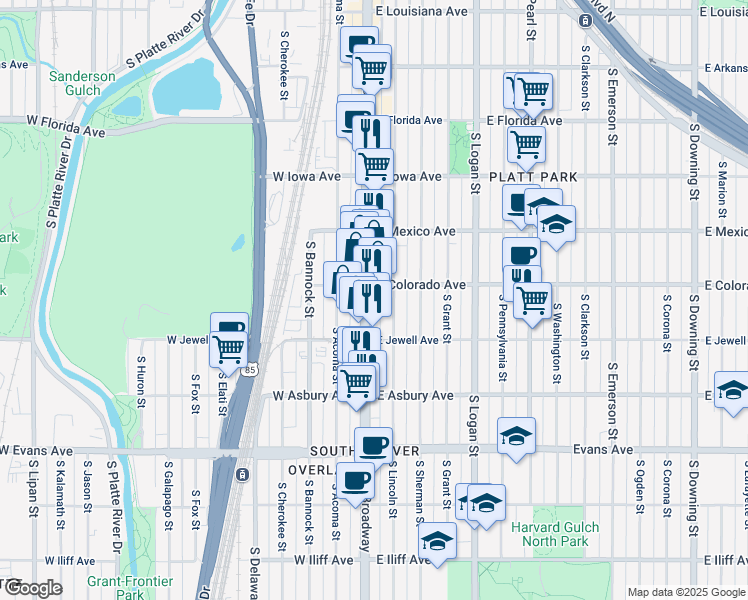 map of restaurants, bars, coffee shops, grocery stores, and more near 37 East Colorado Avenue in Denver
