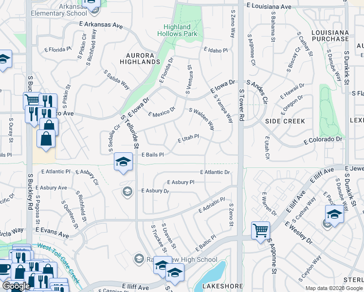 map of restaurants, bars, coffee shops, grocery stores, and more near 17943 East Utah Place in Aurora