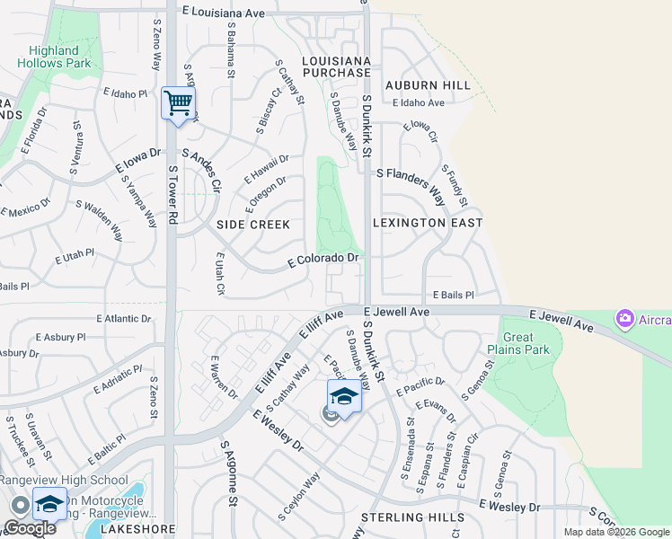 map of restaurants, bars, coffee shops, grocery stores, and more near 1881 South Dunkirk Street in Aurora