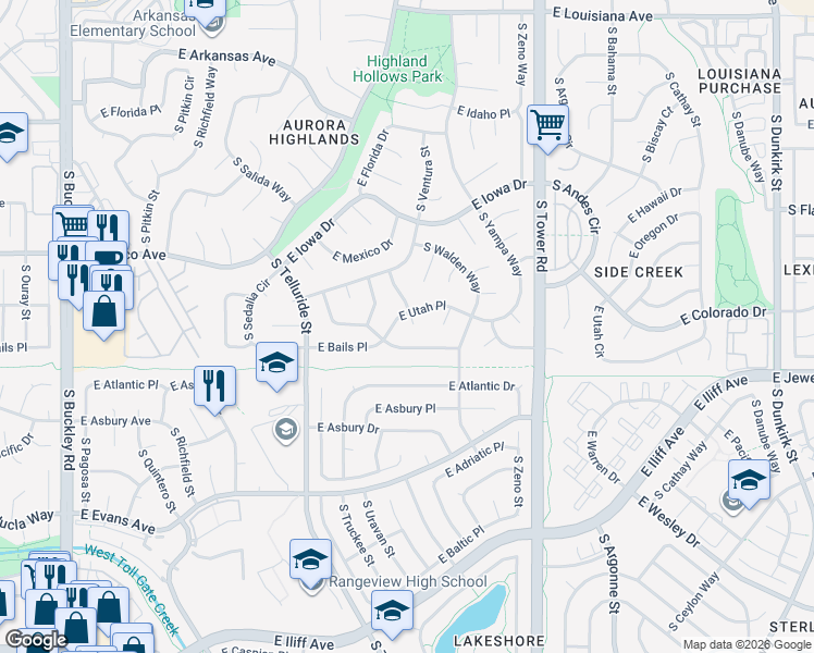 map of restaurants, bars, coffee shops, grocery stores, and more near 17943 East Utah Place in Aurora