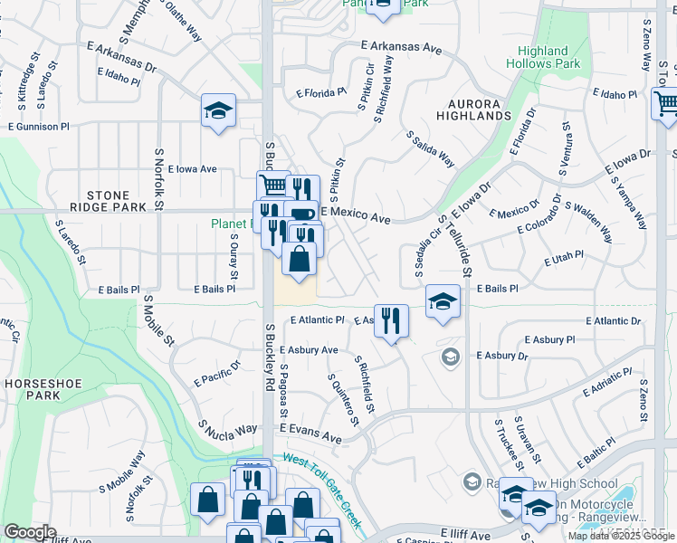 map of restaurants, bars, coffee shops, grocery stores, and more near 1781 South Pitkin Street in Aurora