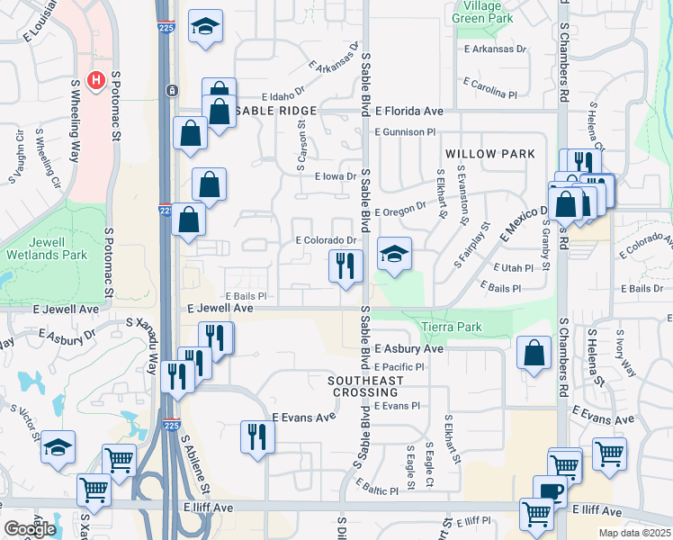 map of restaurants, bars, coffee shops, grocery stores, and more near 14474 East Colorado Drive in Aurora