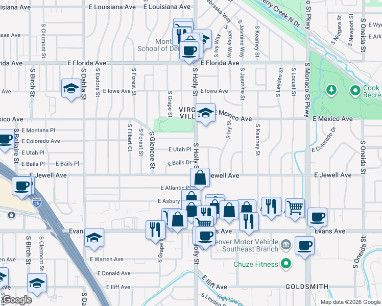map of restaurants, bars, coffee shops, grocery stores, and more near 5601 East Colorado Avenue in Denver