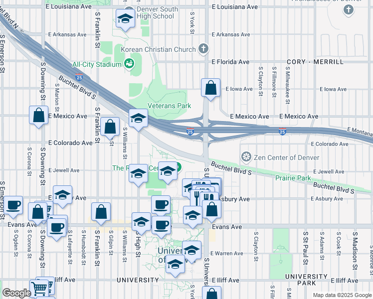 map of restaurants, bars, coffee shops, grocery stores, and more near 2225 Buchtel Boulevard South in Denver