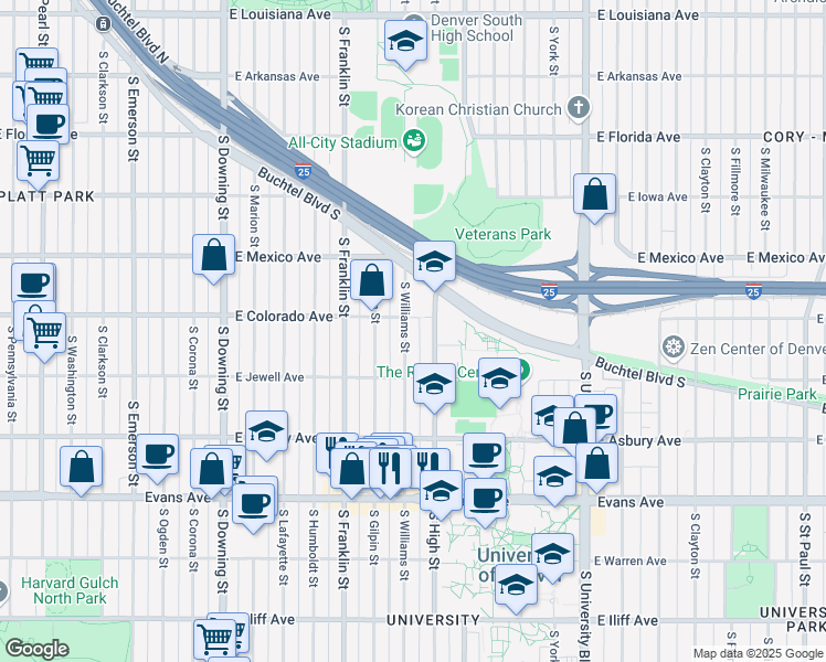 map of restaurants, bars, coffee shops, grocery stores, and more near in Denver