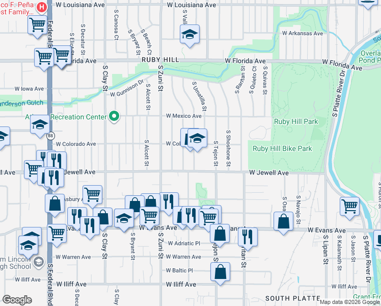 map of restaurants, bars, coffee shops, grocery stores, and more near 1810 South Wyandot Street in Denver