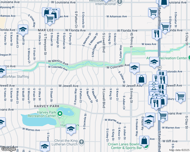 map of restaurants, bars, coffee shops, grocery stores, and more near 1825 South Michigan Way in Denver