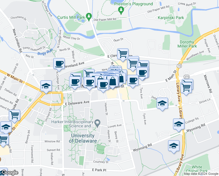 map of restaurants, bars, coffee shops, grocery stores, and more near 13 Choate Street in Newark